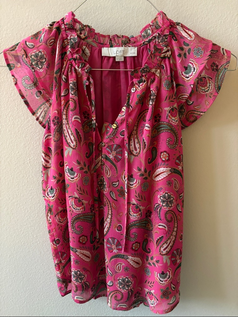 LOFT Hot Pink Paisley Ruffle Tie Neck Blouse